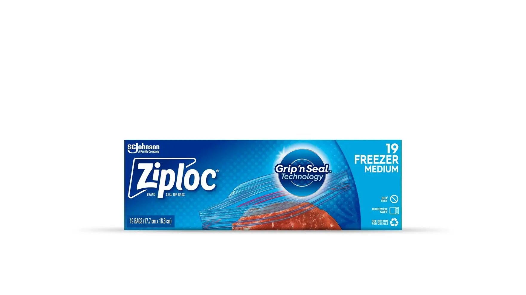 Front of Ziploc medium freezer bag box.